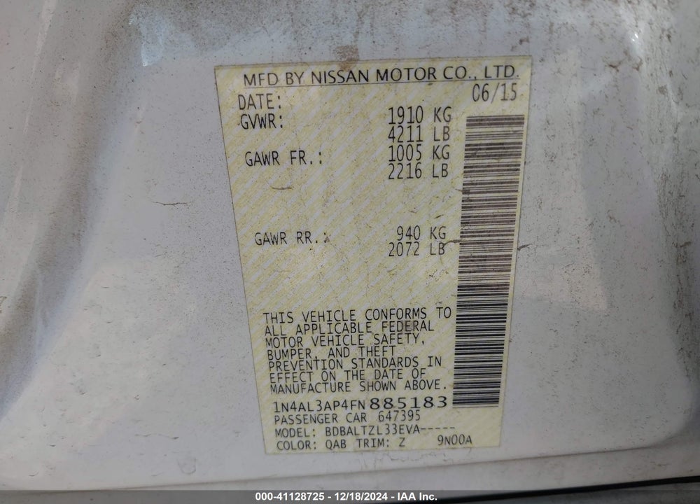 2015 NISSAN ALTIMA 2.5 SL VIN: 1N4AL3AP4FN885183