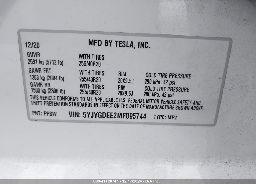2021 TESLA MODEL Y LONG RANGE DUAL MOTOR ALL-WHEEL DRIVE VIN: 5YJYGDEE2MF095744