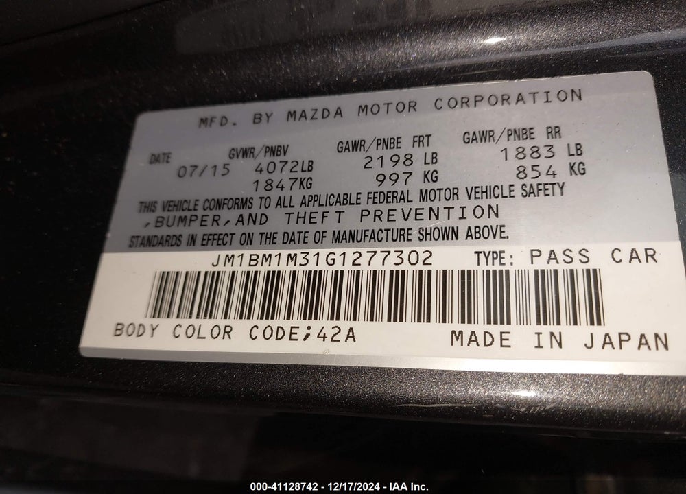2016 MAZDA MAZDA3 VIN: JM1BM1M31G1277302