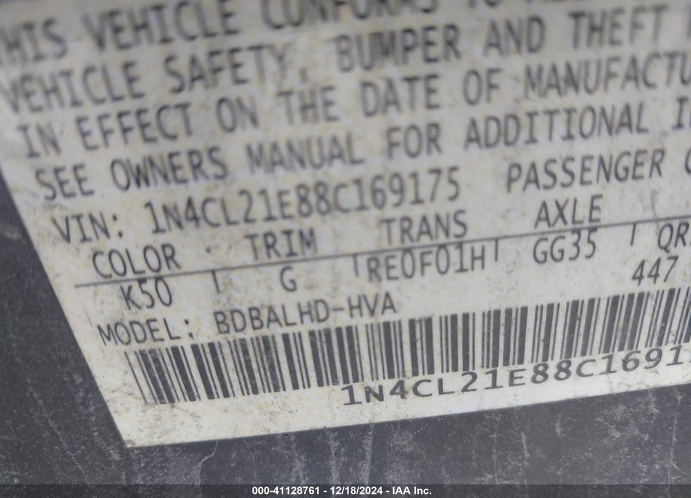 2008 NISSAN ALTIMA HYBRID VIN: 1N4CL21E88C169175
