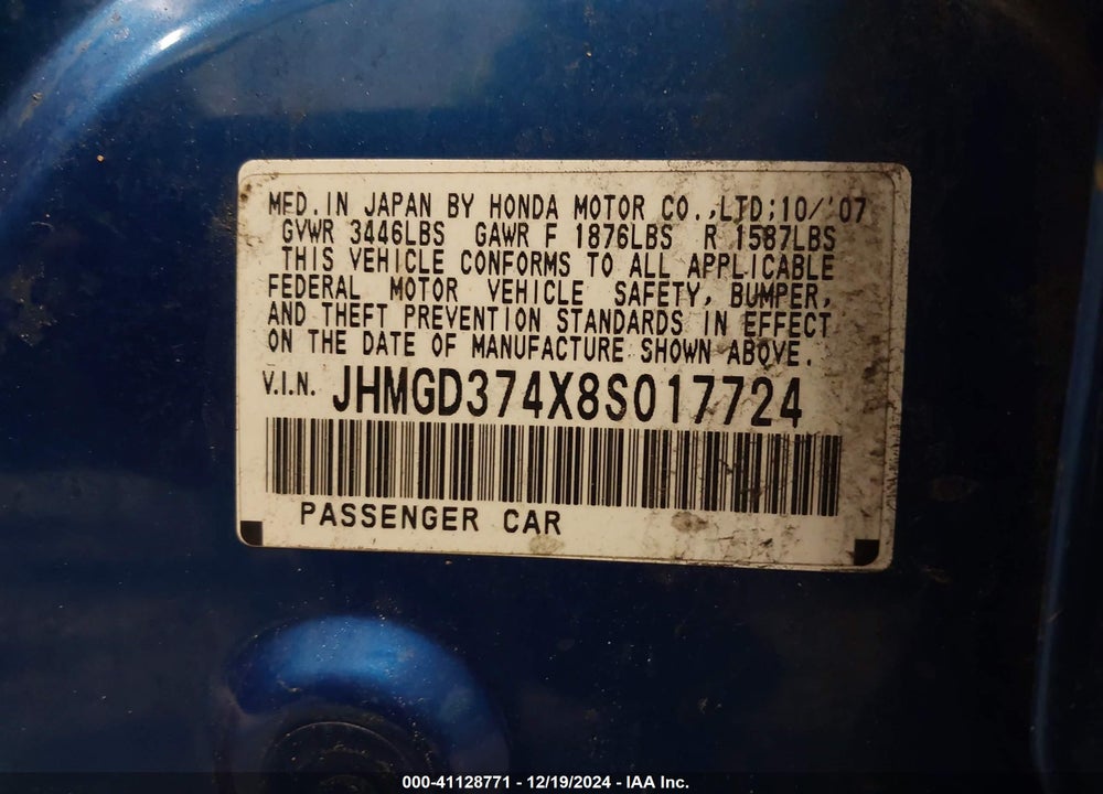 2008 HONDA FIT VIN: JHMGD374X8S017724