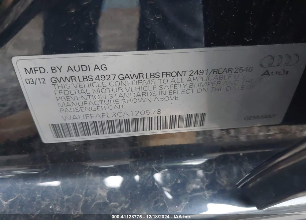 2012 AUDI A4 2.0T PREMIUM VIN: WAUFFAFL3CA120578