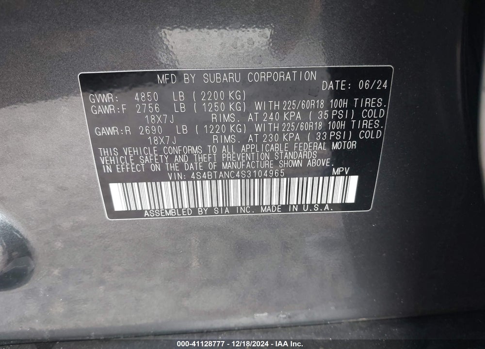2025 SUBARU OUTBACK LIMITED VIN: 4S4BTANC4S3104965