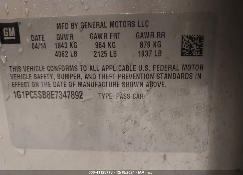 2014 CHEVROLET CRUZE VIN: 1G1PC5SB8E7347892