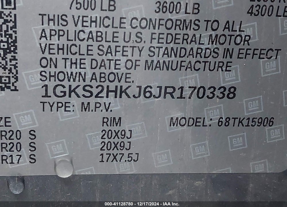 2018 GMC YUKON XL DENALI VIN: 1GKS2HKJ6JR170338