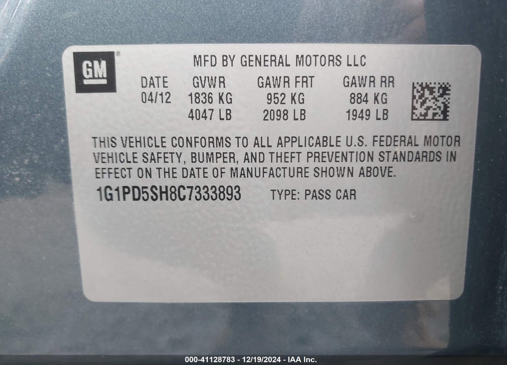 2012 CHEVROLET CRUZE LS VIN: 1G1PD5SH8C7333893