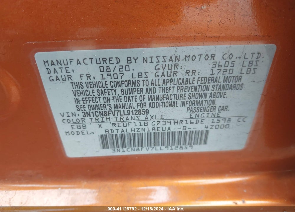 2020 NISSAN VERSA VIN: 3N1CN8FV7LL912859