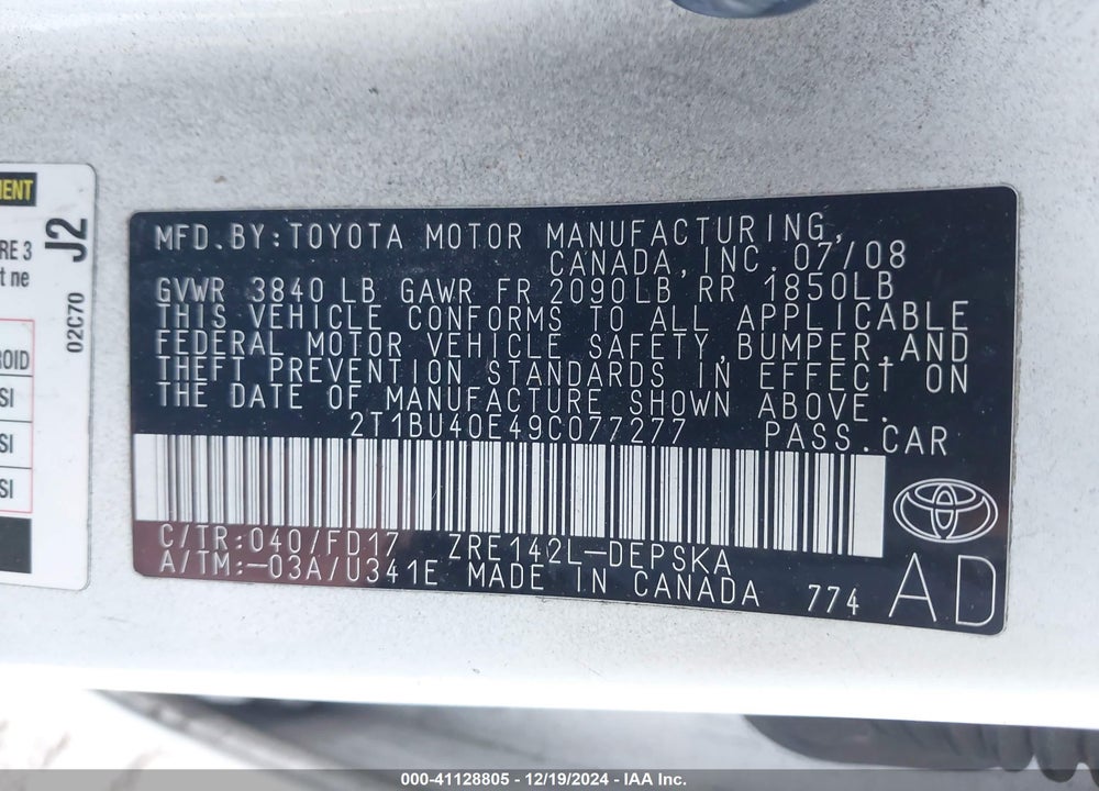 2009 TOYOTA COROLLA S VIN: 2T1BU40E49C077277