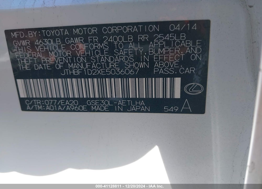 2014 LEXUS IS 250 VIN: JTHBF1D2XE5036067