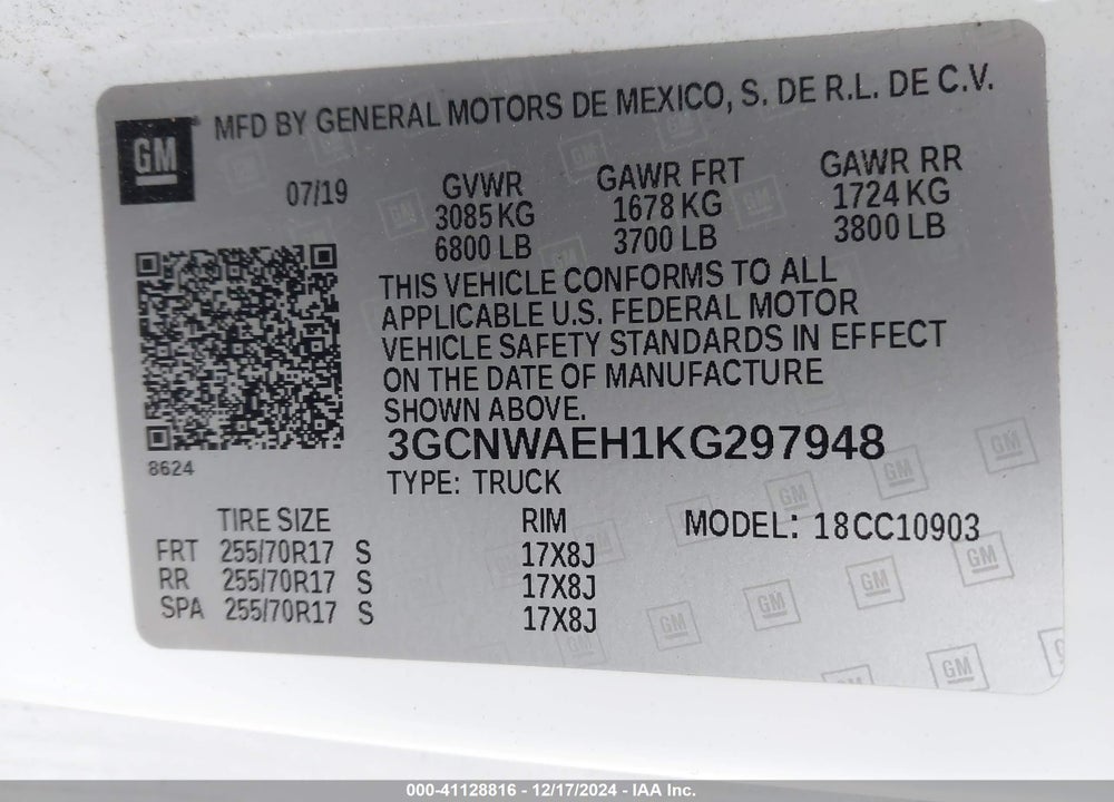 2019 CHEVROLET SILVERADO 1500 VIN: 3GCNWAEH1KG297948