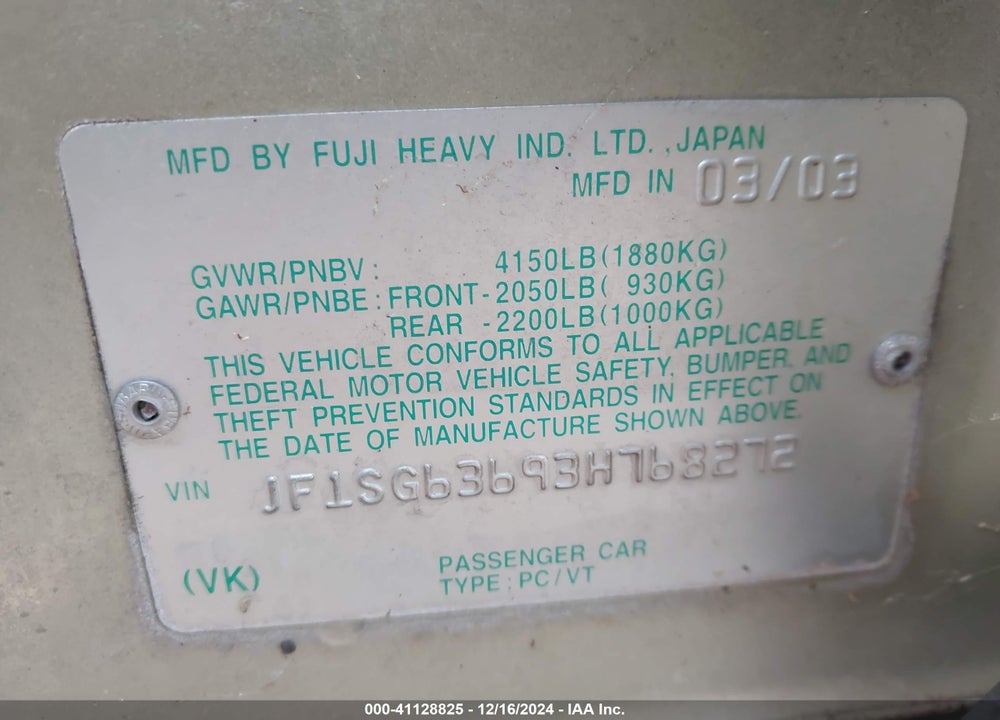 2003 SUBARU FORESTER X VIN: JF1SG63693H768272
