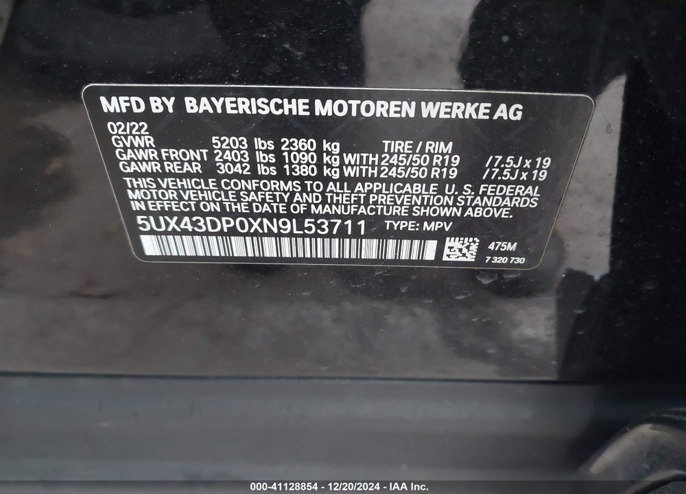 2022 BMW X3 SDRIVE30I VIN: 5UX43DP0XN9L53711