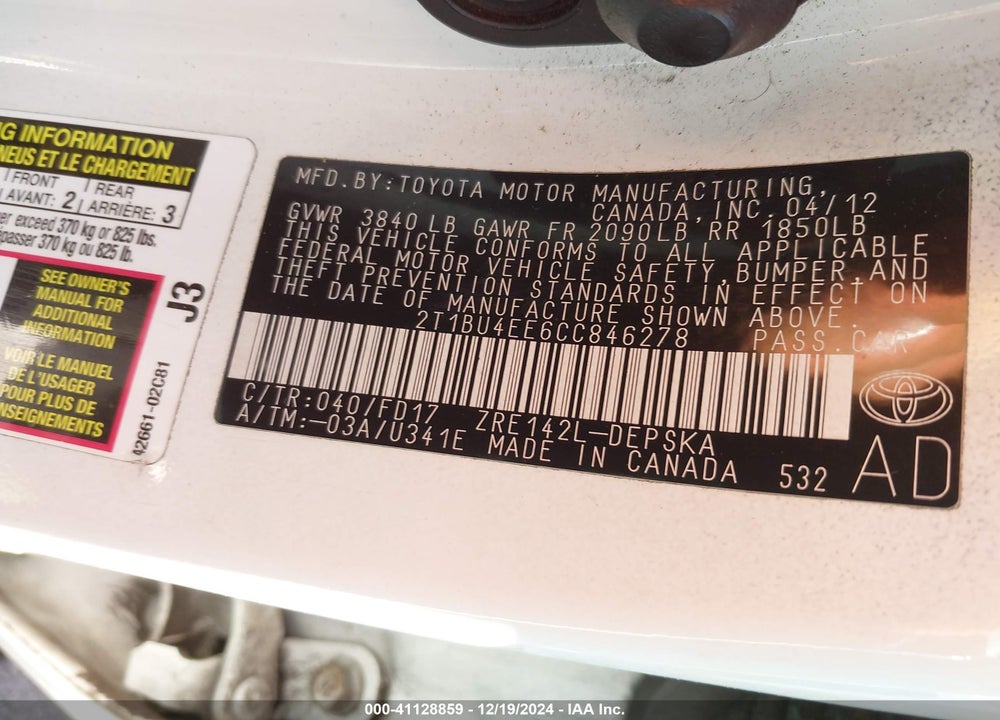 2012 TOYOTA COROLLA S VIN: 2T1BU4EE6CC846278