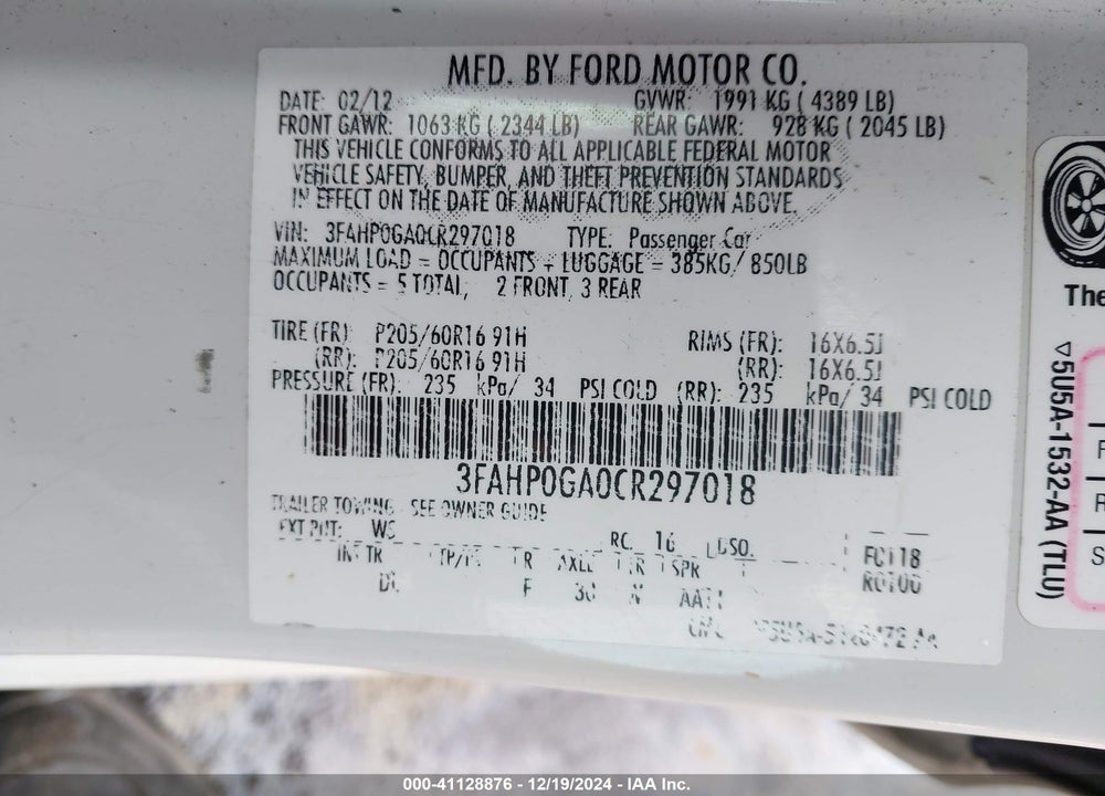 2012 FORD FUSION S VIN: 3FAHP0GA0CR297018