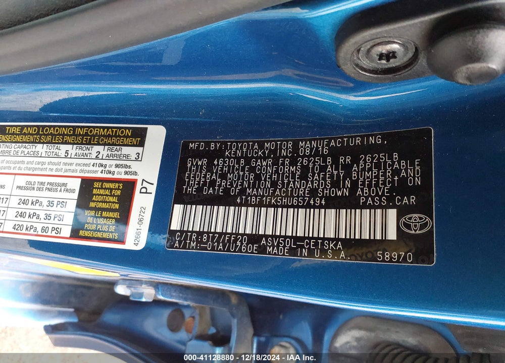 2017 TOYOTA CAMRY SE VIN: 4T1BF1FK5HU657494