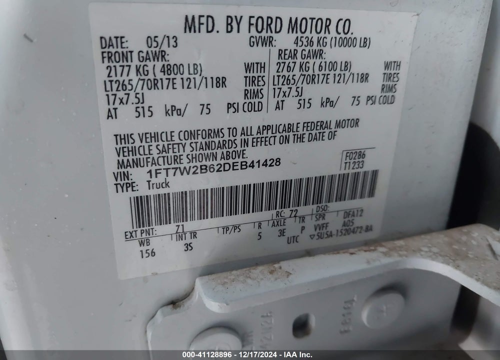 2013 FORD F-250 XLT VIN: 1FT7W2B62DEB41428