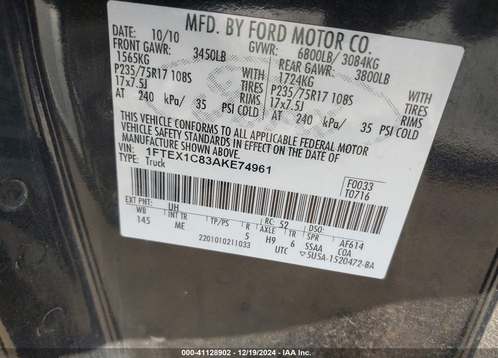 2010 FORD F-150 FX2 SPORT/STX/XL/XLT VIN: 1FTEX1C83AKE74961