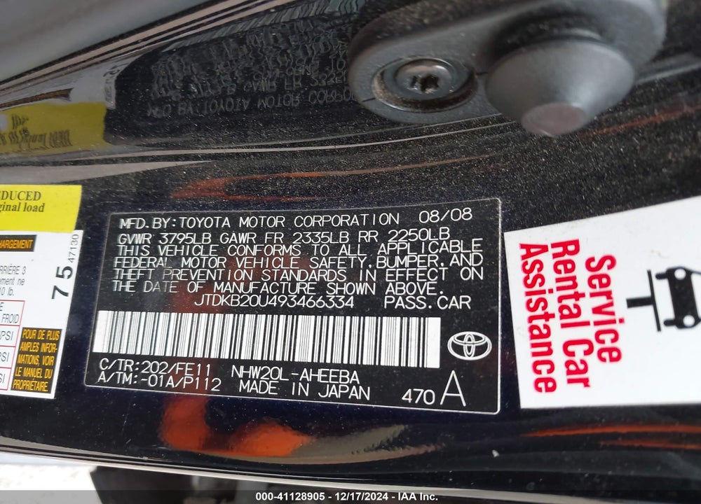2009 TOYOTA PRIUS VIN: JTDKB20U493466334