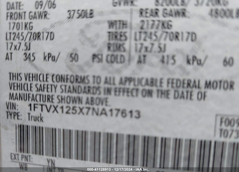 2007 FORD F-150 XL/XLT VIN: 1FTVX125X7NA17613
