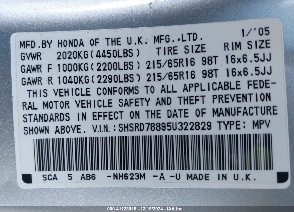 2005 HONDA CR-V EX VIN: SHSRD78895U322829