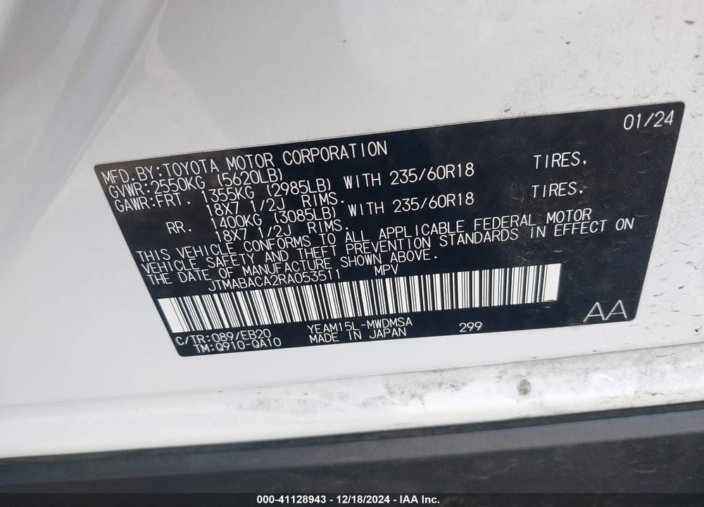 2024 TOYOTA BZ4X XLE VIN: JTMABACA2RA053511
