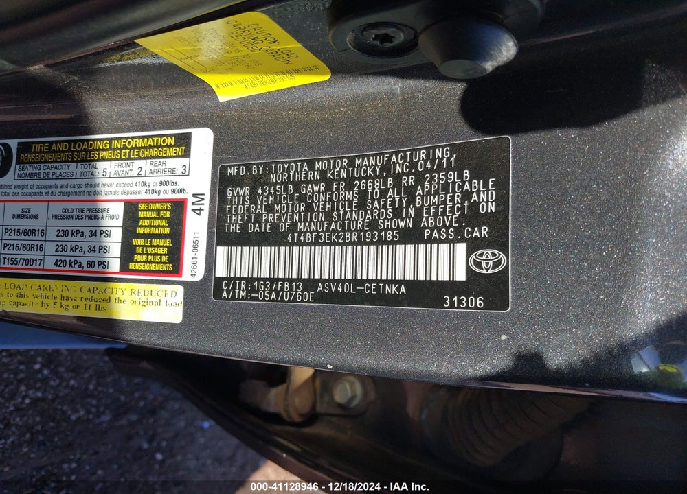 2011 TOYOTA CAMRY LE VIN: 4T4BF3EK2BR193185