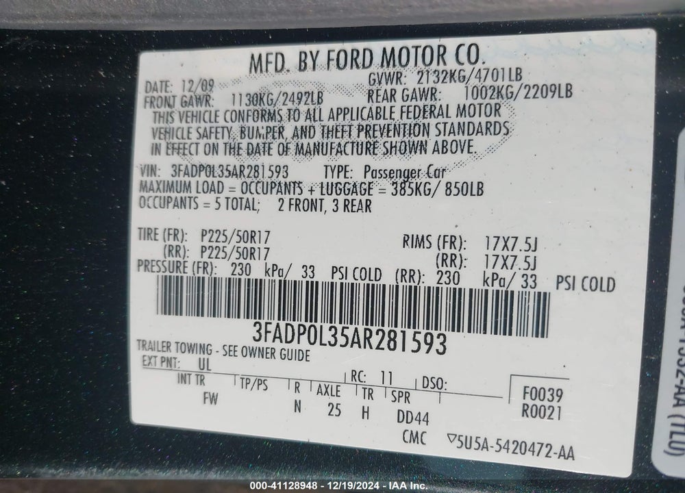 2010 FORD FUSION HYBRID VIN: 3FADP0L35AR281593