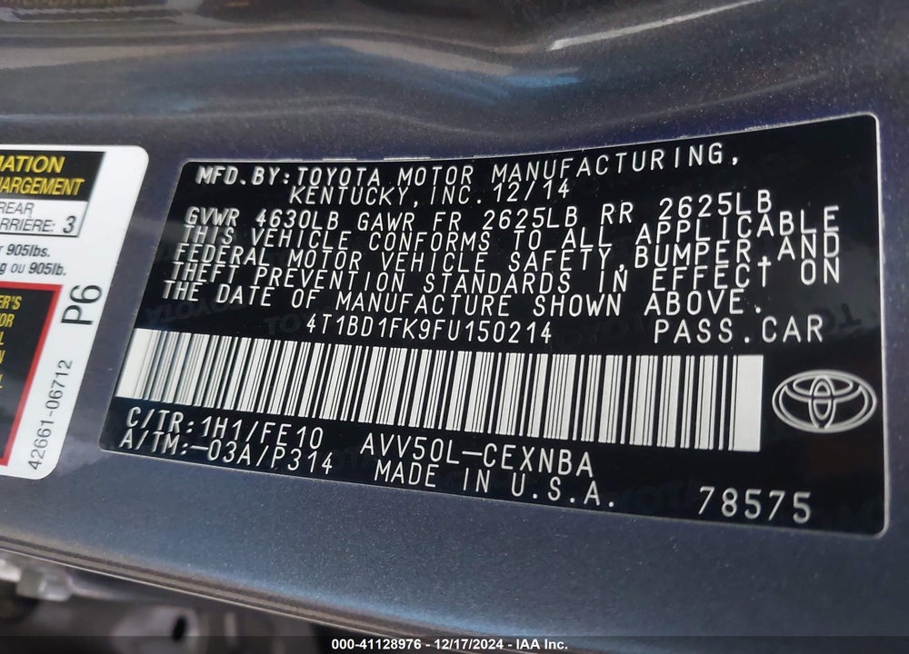 2015 TOYOTA CAMRY HYBRID LE VIN: 4T1BD1FK9FU150214