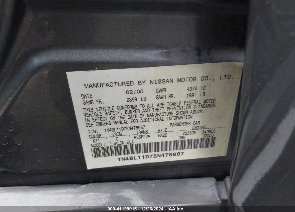 2005 NISSAN ALTIMA 3.5 SL VIN: 1N4BL11D75N478987