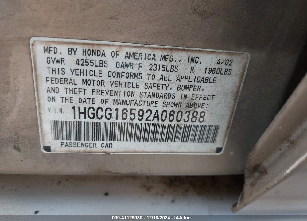 2002 HONDA ACCORD 3.0 EX VIN: 1HGCG16592A060388