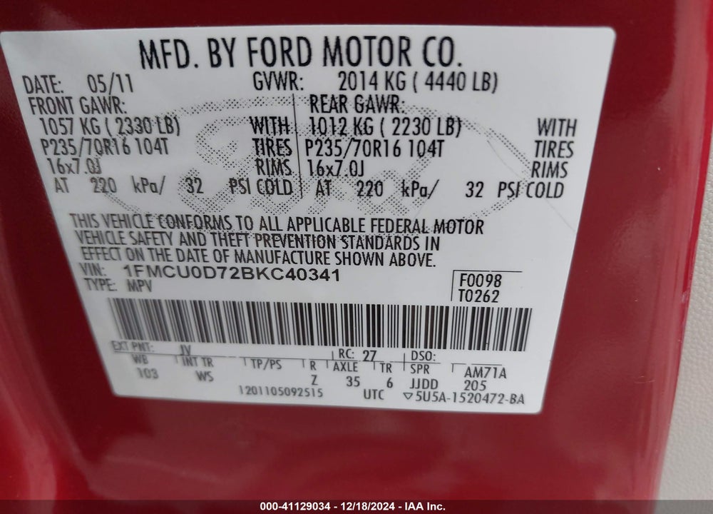2011 FORD ESCAPE XLT VIN: 1FMCU0D72BKC40341