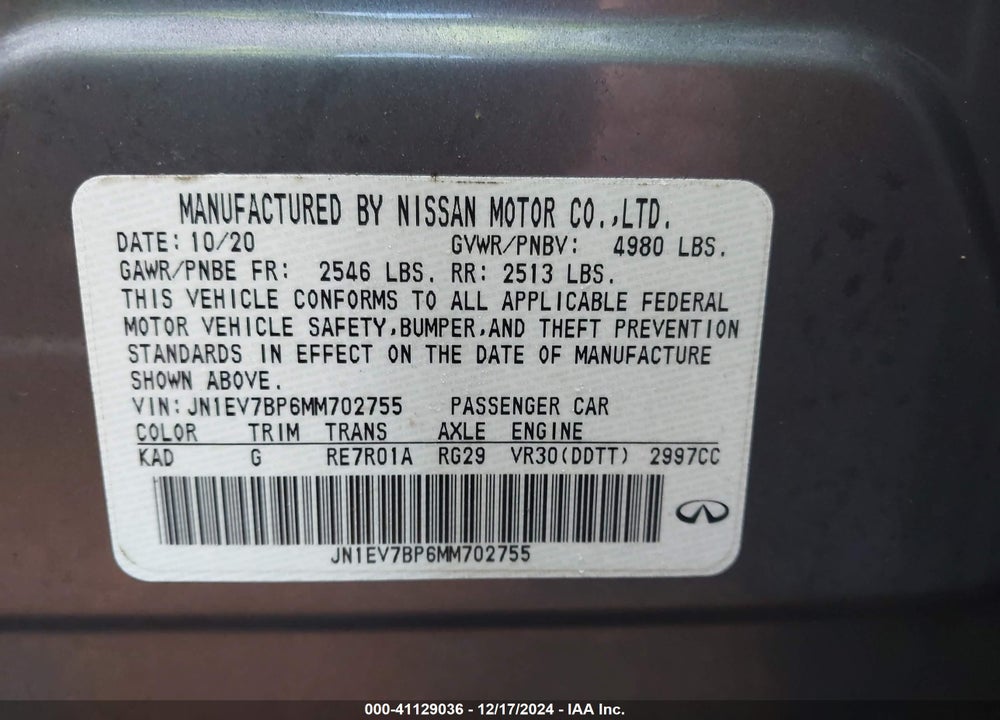 2021 INFINITI Q50 VIN: JN1EV7BP6MM702755