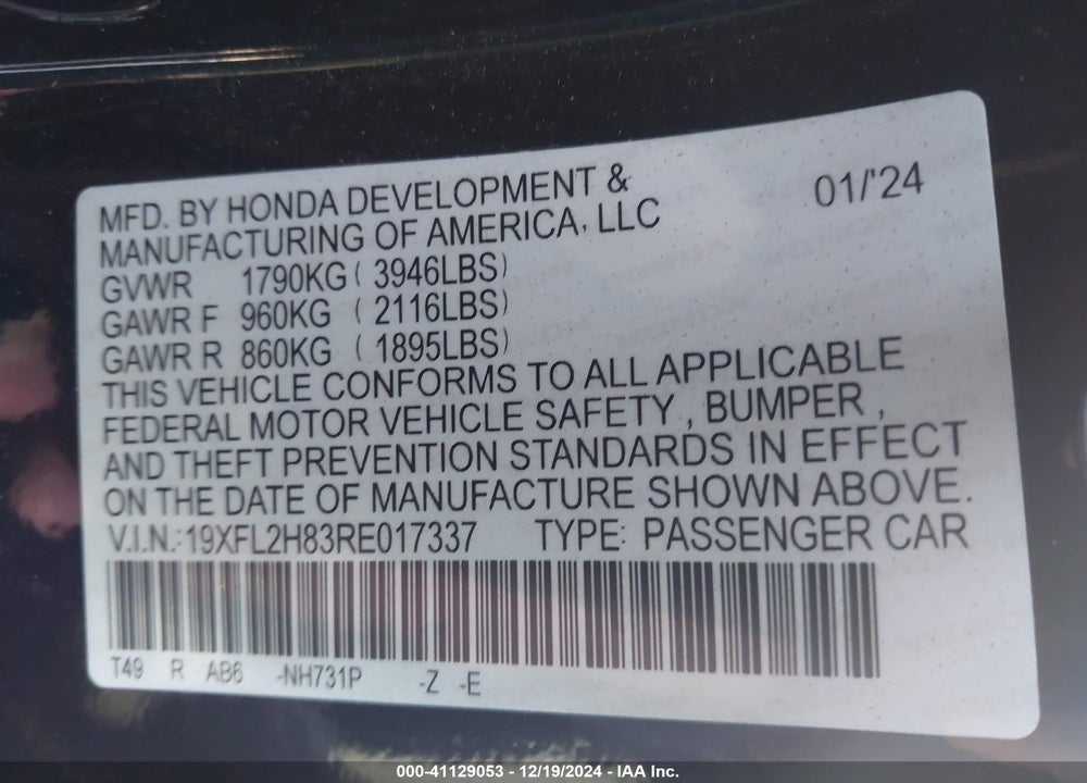 2024 HONDA CIVIC SPORT VIN: 19XFL2H83RE017337