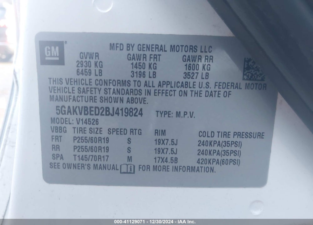 2011 BUICK ENCLAVE 1XL VIN: 5GAKVBED2BJ419824