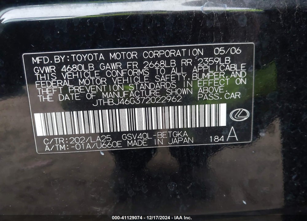 2007 LEXUS ES 350 VIN: JTHBJ46G372022962