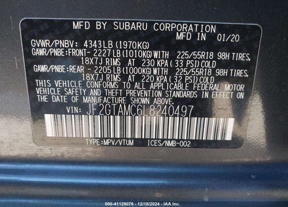 2020 SUBARU CROSSTREK LIMITED VIN: JF2GTAMC6L8240497