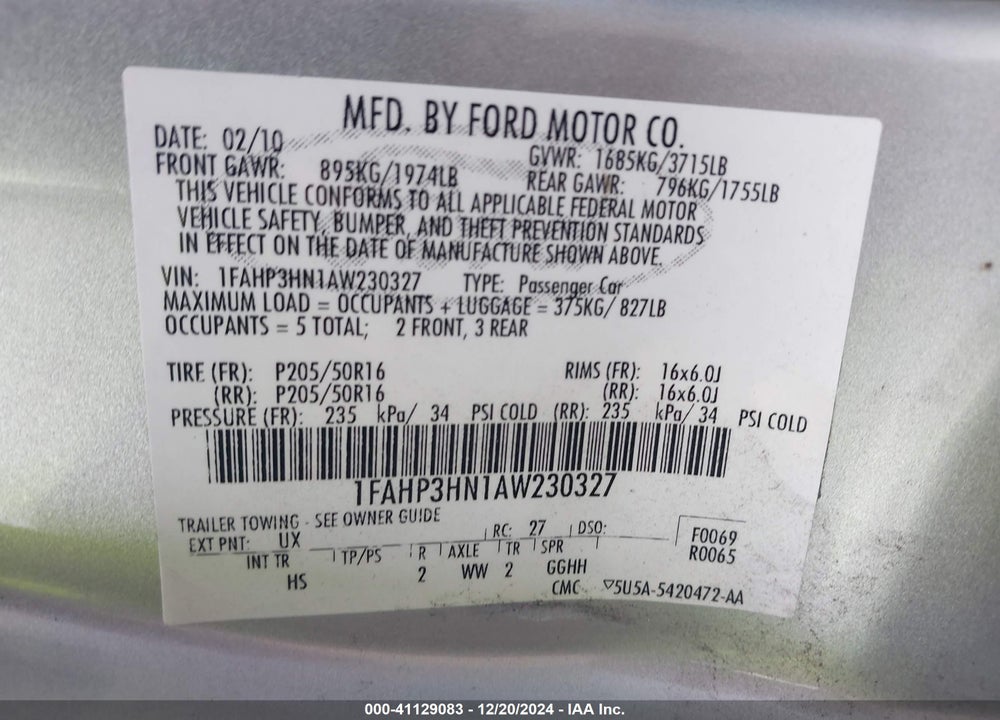 2010 FORD FOCUS VIN: 1FAHP3HN1AW230327