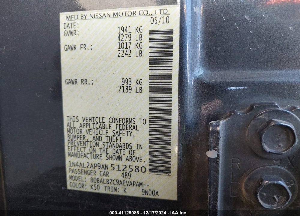 2010 NISSAN ALTIMA 2.5 S VIN: 1N4AL2AP9AN512580