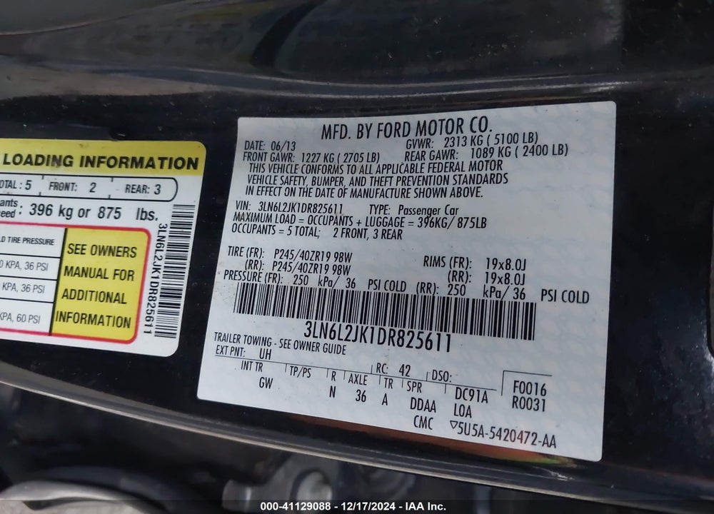 2013 LINCOLN MKZ VIN: 3LN6L2JK1DR825611