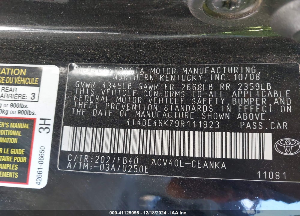 2009 TOYOTA CAMRY LE VIN: 4T4BE46K79R111923