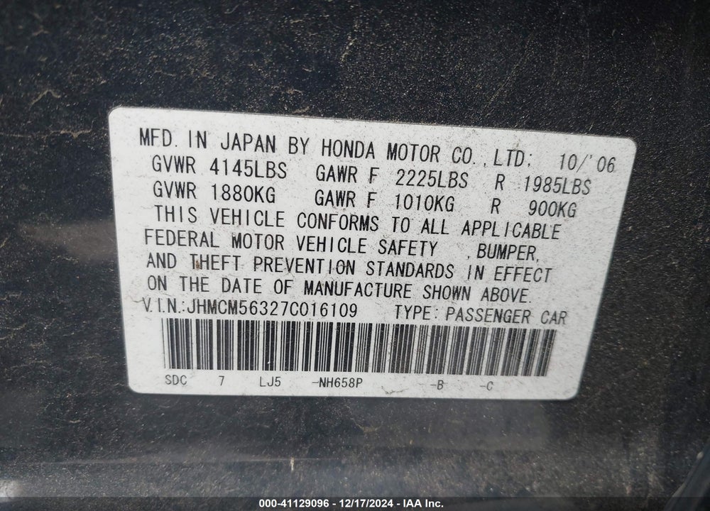 2007 HONDA ACCORD 2.4 SE VIN: JHMCM56327C016109
