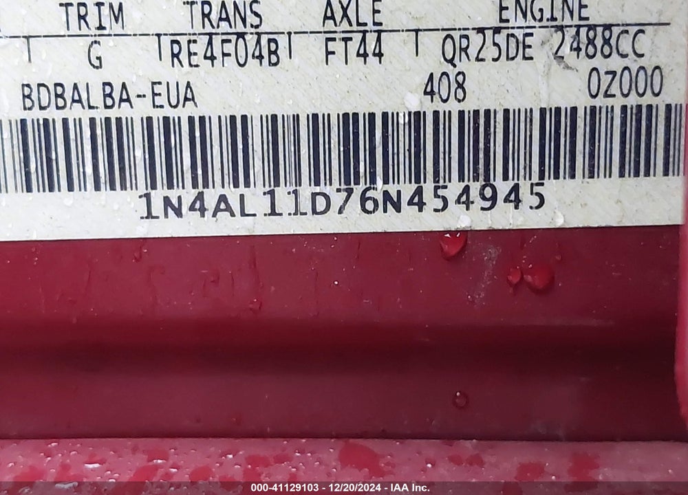 2006 NISSAN ALTIMA VIN: 1N4AL11D76N454945