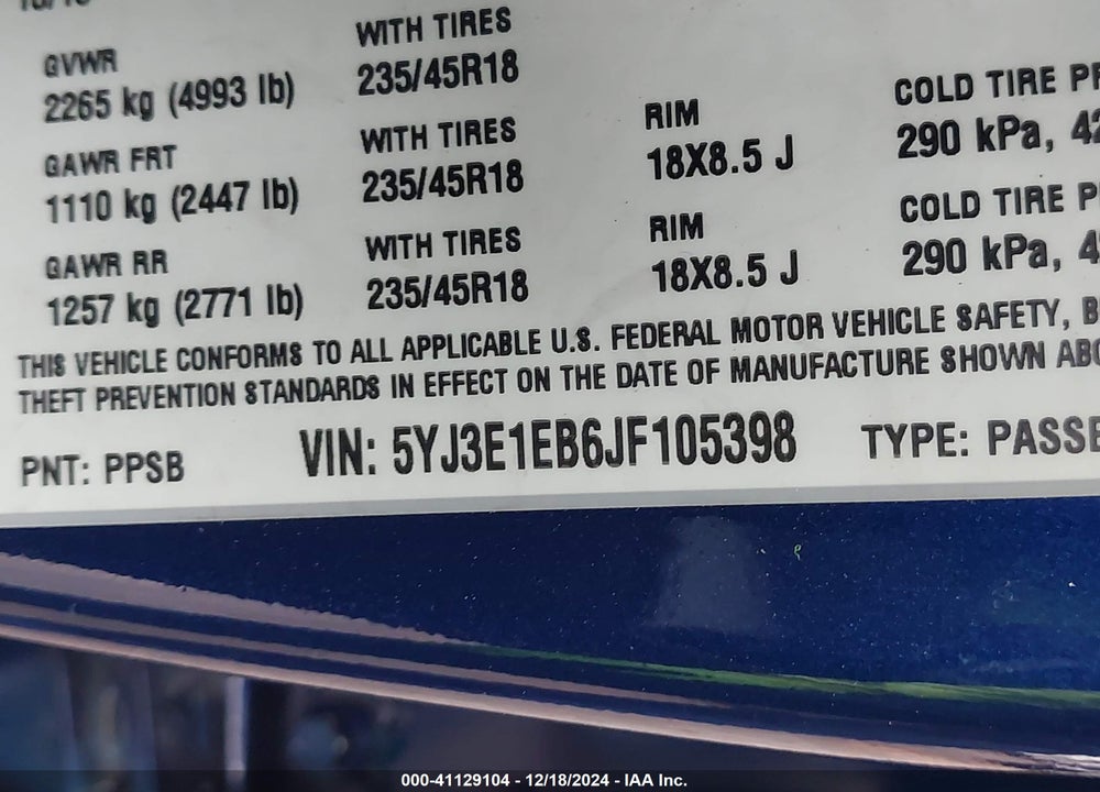 2018 TESLA MODEL 3 LONG RANGE/PERFORMANCE VIN: 5YJ3E1EB6JF105398