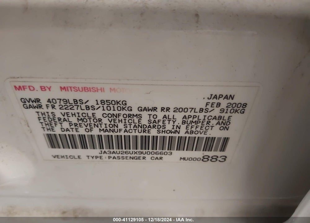 2009 MITSUBISHI LANCER VIN: JA3AU26UX9U006603