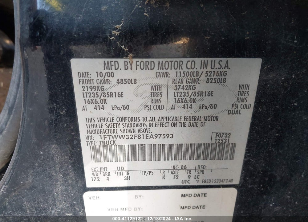 2001 FORD F-350 LARIAT/XL/XLT VIN: 1FTWW32F81EA97593