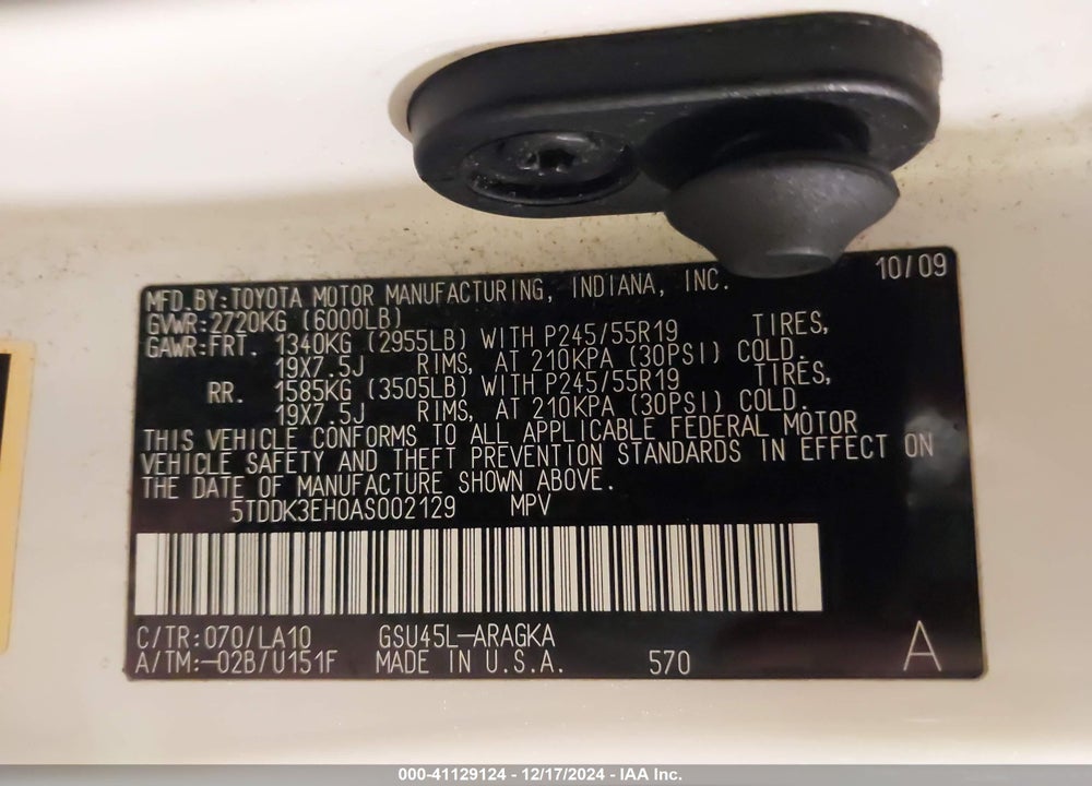 2010 TOYOTA HIGHLANDER LIMITED V6 VIN: 5TDDK3EH0AS002129