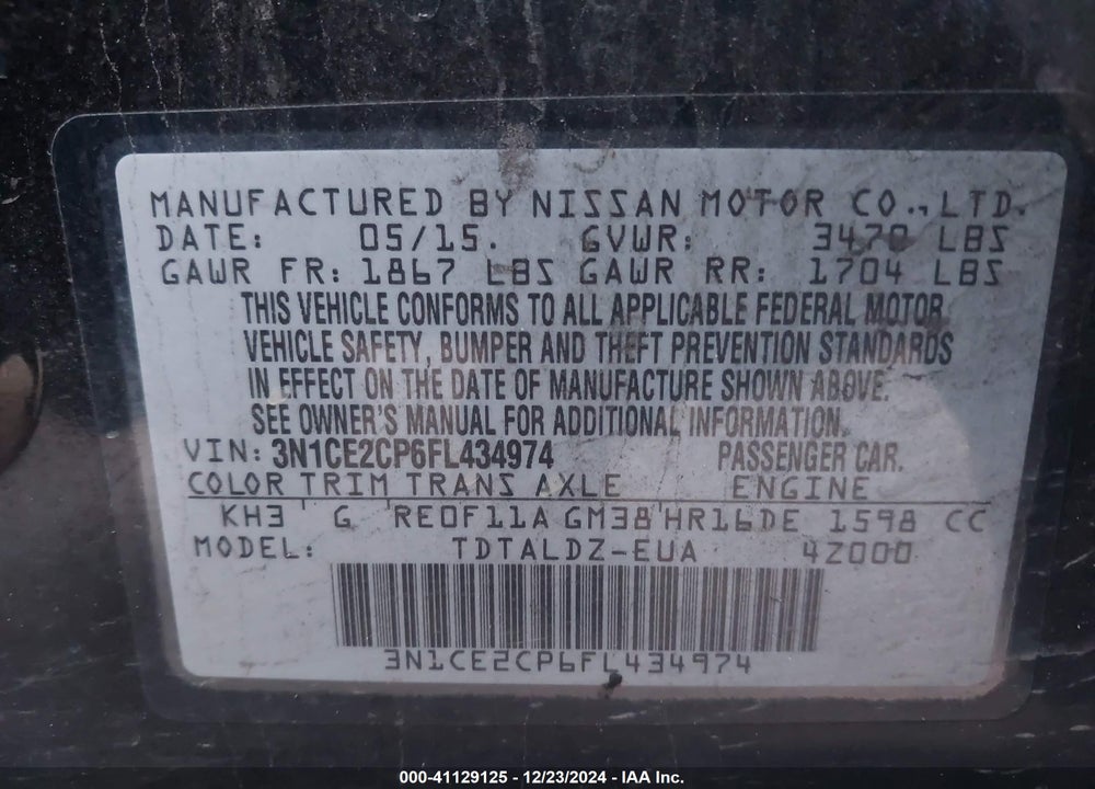 2015 NISSAN VERSA NOTE SV VIN: 3N1CE2CP6FL434974