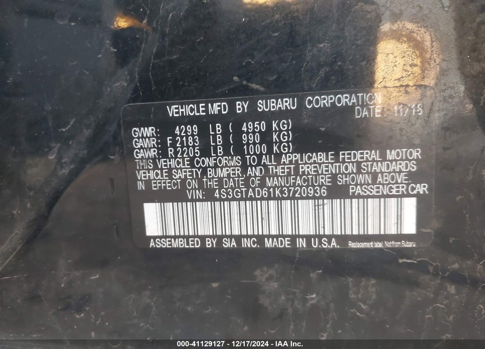 2019 SUBARU IMPREZA VIN: 4S3GTAD61K3720936