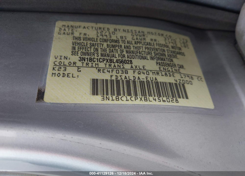 2011 NISSAN VERSA VIN: 3N1BC1CPXBL456028