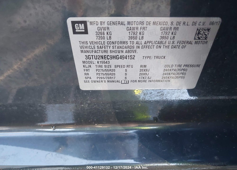 2017 GMC SIERRA 1500 VIN: 3GTU2NEC9HG494152